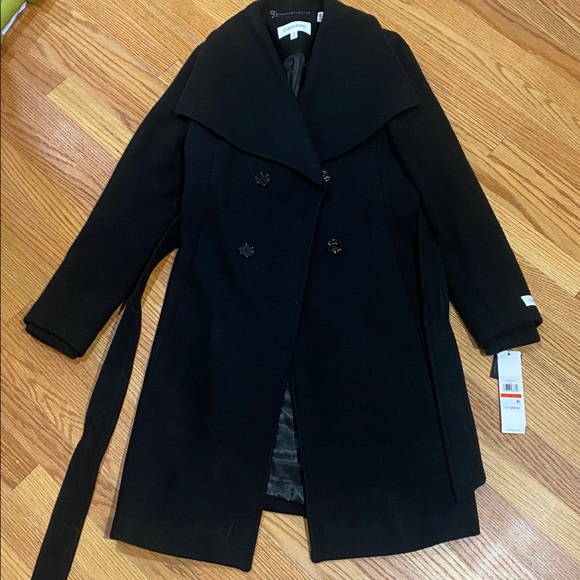 Retail $400 New Calvin Klein black wrap coat with belt - Picture 3 of 16